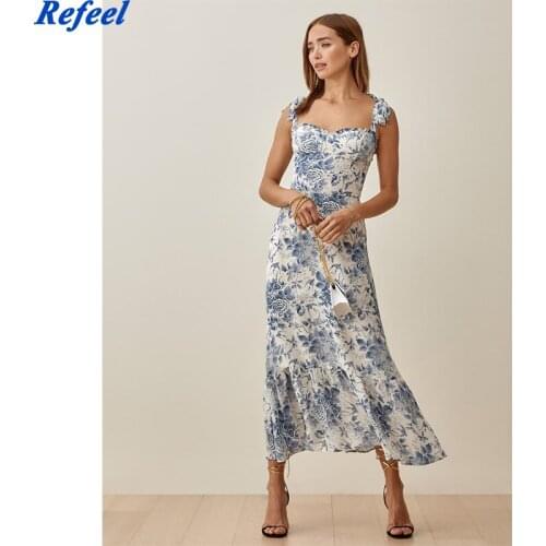 Fashion Women French Vintage Flowers Print Slim Strap Dress 2021 Summer Sleeveless Female Lace-up Midi Dress