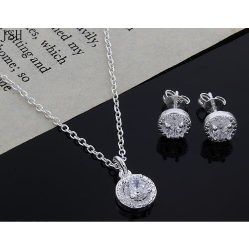 Promotion Lover gifts cute silver color fashion noble women shiny crystal CZ solid necklace earring jewelry set girl , CS006