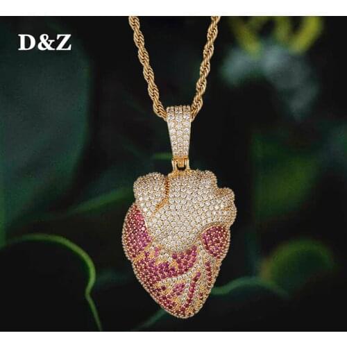 D&Z New Heart Pendant Iced Out Bling Cubic Zirconia Necklaces & Pendants For Men Women Rapper Jewelry With Solid Back