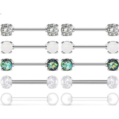 14G Nipple Rings Stainless Steel Straight Barbell Rings Cubic Zirconia Synthesis Marble Stone Opal Nipplerings Body Piercing