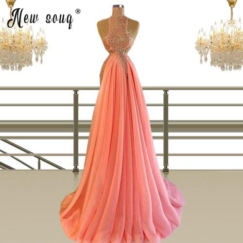 Pink Long Robes Beading High Neck Evening Gown Dubai Saudi Arabia Long Prom Dress Gown Robe De Soiree vestido de festa