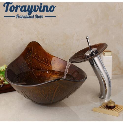 Bathroom basin & basin faucet glass hand painting wash basin Single Hole Deck Mounted faucet brass hot & cold mixer taps