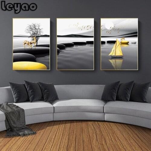 Modern Landscape Black Yellow Stone Boat Deer Wall Art 5d Diamond Painting Nordic Print Wall Pictures Living room Decoration