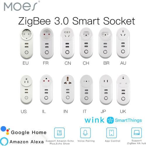 ZigBee 3.0 Smart Socket Plug with 2 USB Interface Remote Voice Control Work with SmartThings Wink Echo Plus and Most Zigbee Hub