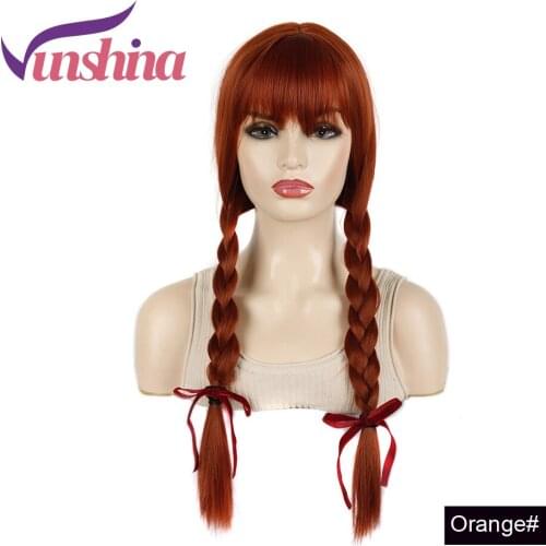 Vunshina Orange Synthetic Braided Wig With Bangs Bow Long Natural Fake Hair Double Box Braid Lolita Cosplay Wigs For Black Women