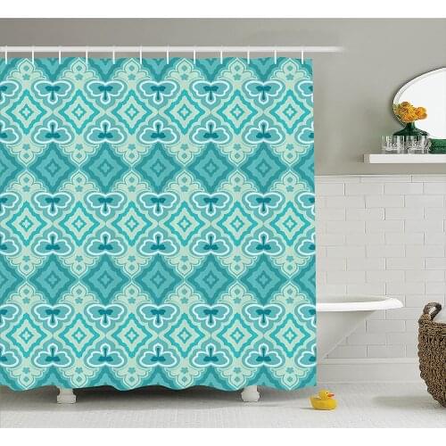 Teal Decor Shower Curtain Abstract Geometric Vintage Floral Historic Architectural Ornament Bath Curtain With Hooks For Bathroom