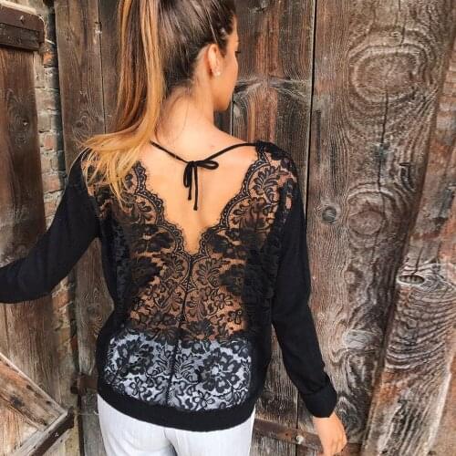 40# Blouse Women Backless O-neck Lace Long Sleeve Sweatshirt Pullover Tops Blouse Ladies Sexy Casual Top Blouse Блузка Женская