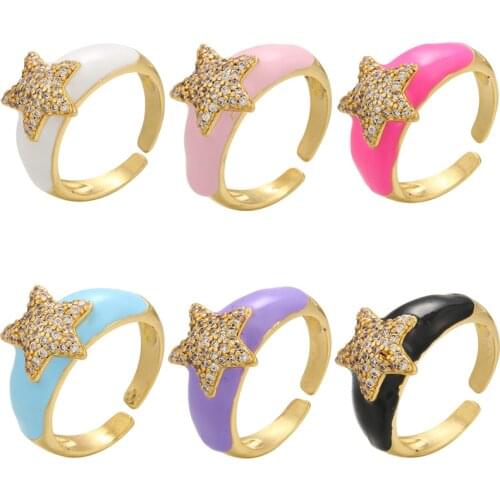 ZHUKOU gold color star Enamel rings for women summer Dripping oil chunky rings girls opening rings Party Jewelry Wholesale VJ215