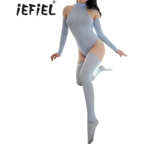 Women See-through Mesh Leotard Bodysuits with Oversleeve Stocking Three-piece Lingerie Suit Nightclub Stage Performance Costume