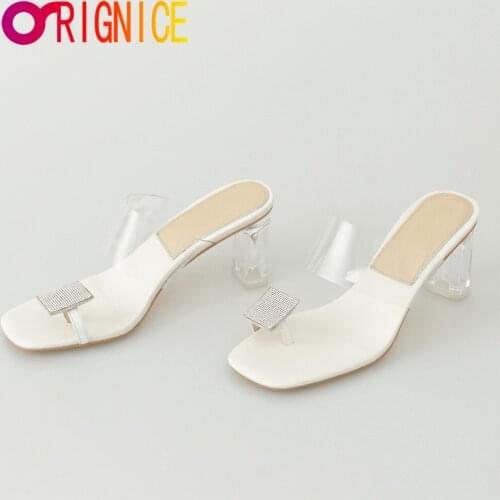 Orignice New Arrival PVC Jelly Sandal Slippers Crystal Pinch Toe Sexy Square Transparent Heels Women Slip On Wedding Party Shoes