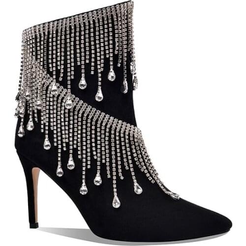 Phoentin fringe rhinestones Womens autumn boots thin high heels shoes women 2020 pointed toe suede crystal party shoes FT1171