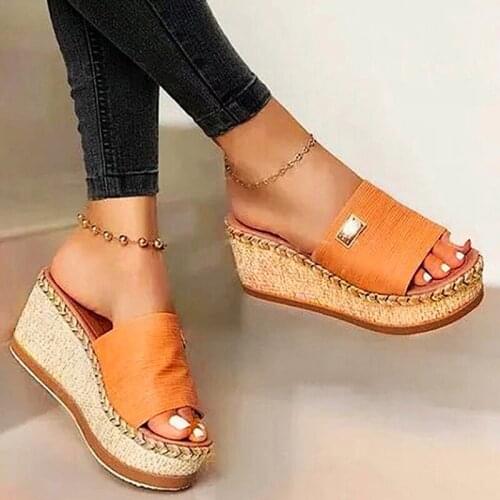 Womens Wedge Sequins Slipper Summer High Heels Slippers Slanted Heel Sandals Fish Mouth Straw Thick Bottom Wedges Slippers