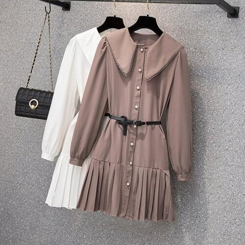 EHQAXIN Plus Size Womens Dresses Autumn New French Sweet Doll Collar Pleated Single-Breasted Chiffon Dress With Belt Lady L-4XL