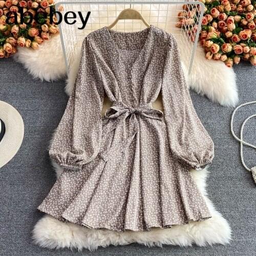 2021 New Spring Autumn Temperament V-Neck long sleeve Dress single breasted high waist lace up waist print short A-line Dress