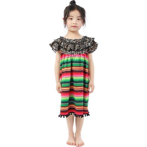 Kaiya Angel Boutique Girls Leopard Ruffle Dress Children Short Sleeve Striped Summer Clothes 2019 Wholesale Casual Baby Outfit