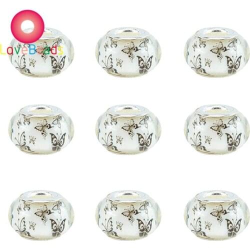 10Pcs White Butterfly Print Resin Murano Beads 5MM Big Hole Fit Pandora Bracelet Pendant Charms Chain Spacer DIY Beading Jewelry