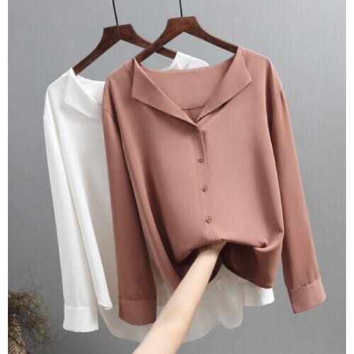2020 Spring New Women V-Neck Long Sleeve Loose Chiffon Blouses Shirts Solid Office Lady Casual Tops Blusas Shirts