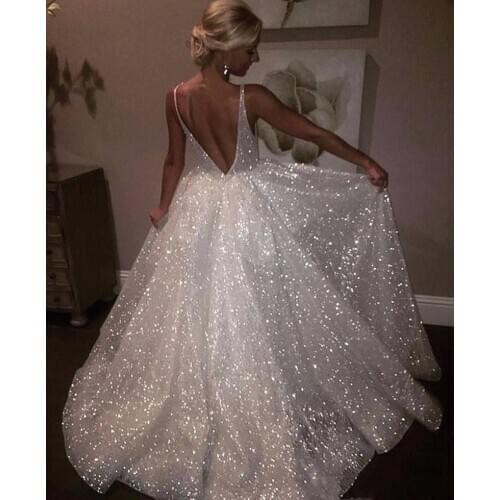 White Sparkle Sequin Evening Dresses V Neck Sexy Low Back Long Prom Dress Cheap Pageant Party Gowns Special Occasion Wear