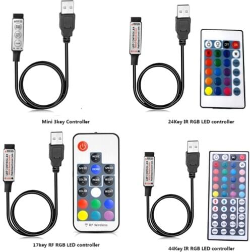 DC 5V USB LED RGB Controller Mini 3Keys Dimmer 24Key 44key IR Remoter 17Keys RF Wireless Remoter Control for USB RGB LED Strip