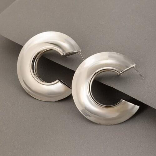 Docona Punk Silver Color C Shape Hoop Earring for Women Fashion Ladies Party Jewelry Present Metal Alloy Earrings Wholesale