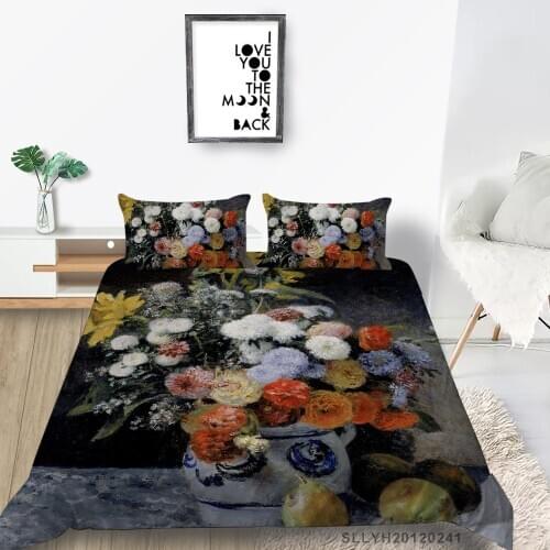 Chrysanthemum Bedding Set Queen Artistic Colored Flowers Duvet Cover King Single Double Twin Full Vintage Bed Set Vase