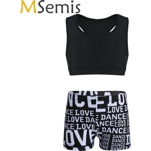 MSemis 2PCS Ballet Dance Costume Professional Gymnastic Sports Workout Suits Kids Girls Crop Top Letters Printed Bottoms Shorts