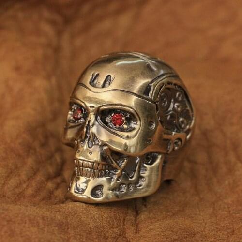 LINSION Brass Red CZ Eyes Terminator Robot Ring Handmade Mens Biker Rock Punk Jewellery BR80 US Size 7~14