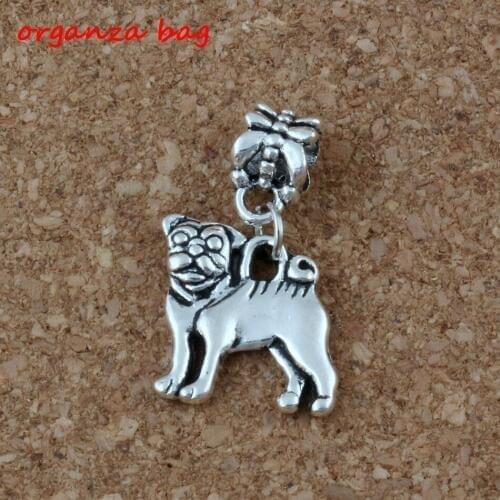 MIC .100pcs/lot Dangle Zinc alloy Pug Dog Charm Big Hole Beads Fit European Charm Bracelet Jewelry 15x28mm A-224a
