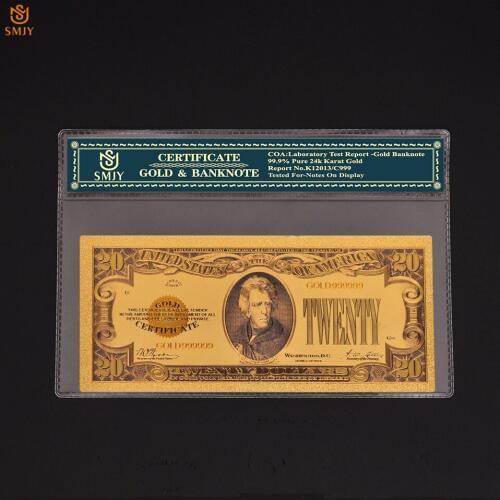 New Souvenir Gift Product Colorful American Currency Paper 20 Dollar Money 24k Gold Plated banknote Collections With COA