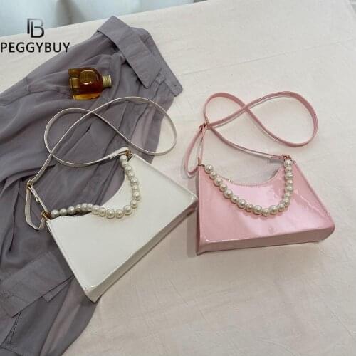 2021 Hot Vintage Small Purse Ladies Handbags Women PU Pearl Shiny Messenger Bag Casual Ladies Chain Shoulder Bags