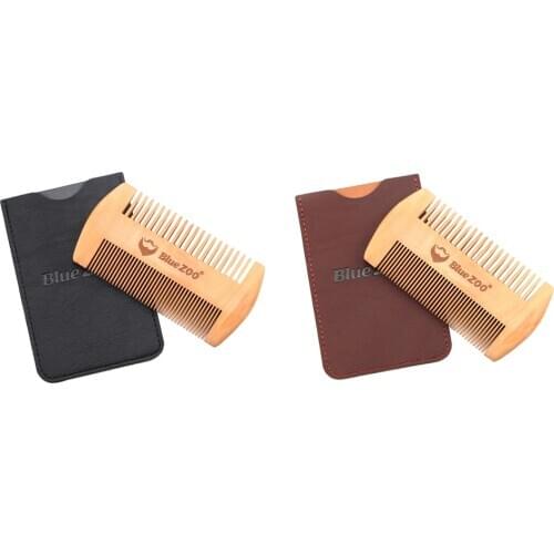Pear Wood Beard Comb PU Case Anti-Static Wooden Pocket Brush with Fine and Wide Tooth for Men Mustaches - Black / Brown