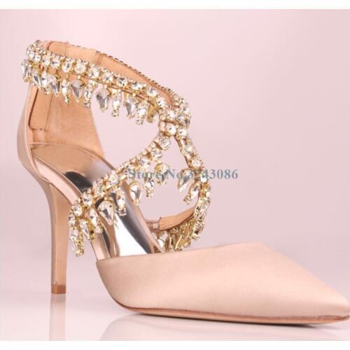 White Red Champagne Silk Thin High Heel Pumps Bling Bling Crystal Cross Tied Stiletto Heel Sandals Elegant Satin Wedding Shoes