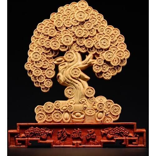 Thuja Wood Statue Feng Shui Money Tree Real Wood Sculpture Lucky Decoration Mascot Home Decor