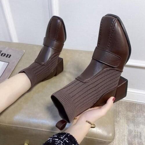 Warm Women Boots Slip-on Square Toe New Autumn Knitted Elastic Woman Short Boots Fashion Ankle Boots Womens Soft Leather Shoes
