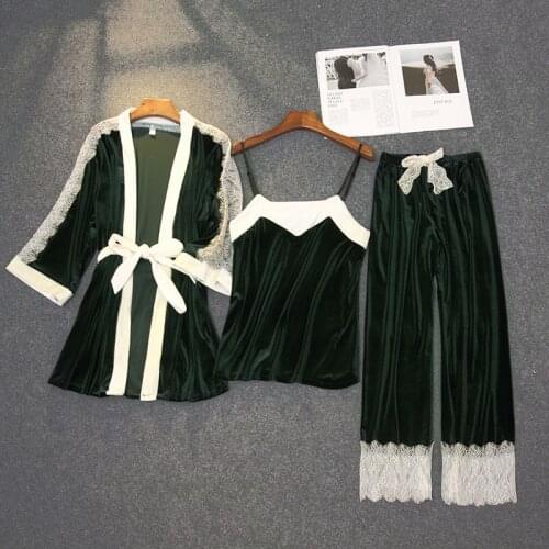 Velour Lace Patchwork Pajamas Set Autumn 3PCS Sleepwear Soft Sleep Set Female Velvet Pyjamas Suit Loose Kimono Gown Home Wear