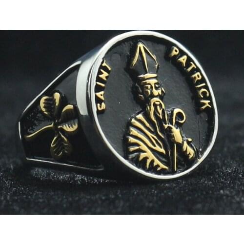 Unisex Saint Patrick Vintage Catholic Saint St. Patrick Cross Shamrock 316L Stainless Steel Ring