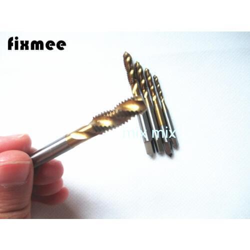 Fixmee High Quality 5pcs HSS Titanium Machine Hand Tap Spiral Point Plug Handle Taps Die Set Thread 3 Flute M3 M4 M5 M6 M8