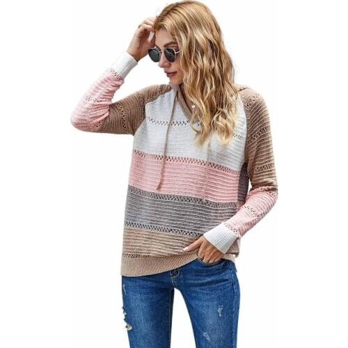 Multicolor/Wine/Gray Beach Bonfire Knitted Hoodie Striped Sweatshirts Women Autumn Spring Long Sleeve Plus Size 2XL Outerwear
