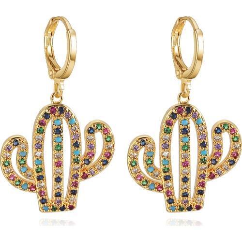 Ladies Color Earrings Rainbow Zircon Gold Cactus Earrings Punk Style Fashion Plant Shape Earrings For Women Birthday Gift