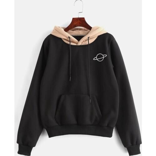 Women Simple Hoodies Sweatshirts Female casual Long Sleeve Pouch Pocket Pullover Tops Womens Print Hoodie Sweatshirts BLACK