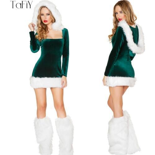TaFiY Sexy Xmas Party Adult Women Santa Green Cosplay Costume Long Sleeve Red Fancy Dress One Size Christmas Costumes For Women