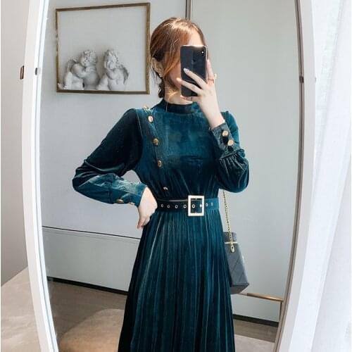 New Autumn Winter Black Green Women Vintage Long Sleeved Gold Buttons Stand Collar Lady Elegant A-Line Draped Velvet Dress