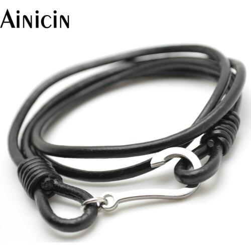 10pcs Genuine Black Leather 40cm Length With Stainless Steel Hook Charms Multi-layer Bracelet for Men and Women 25