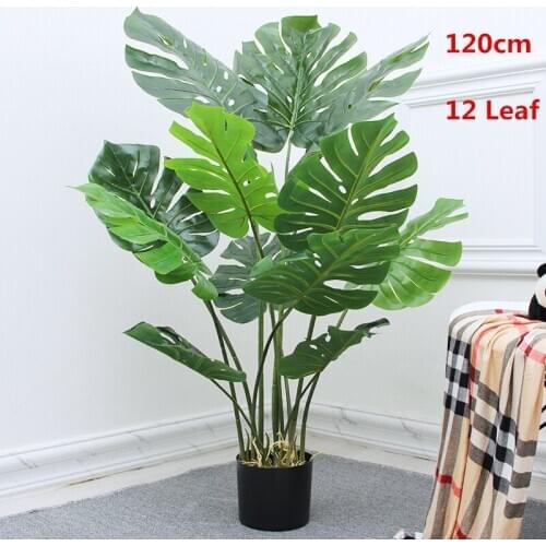 120cm12 Leaf Artificial Large Palm Tree Potted Plastic Tropical Monstera Plants Indoor Green Bonsai Hotel Christmas Home Decor