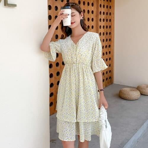 72373# Maternity Dress Summer Chiffon Short Sleeves Loose Stylish Floral Dress Pregnant Women Mom Dress
