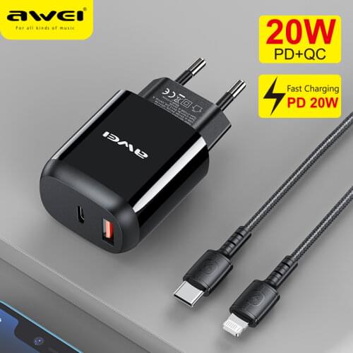 AWEI PD 20W Dual Ports Phone Charger Fast Charging QC 3.0 Usb Type C Mobile Phone Chargers Adapter for IPhone 11,Xiaomi