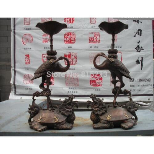 Bi0011641 19"Chinese Red Bronze carve Dragon Turtle Crane Candlestick Holder Pair
