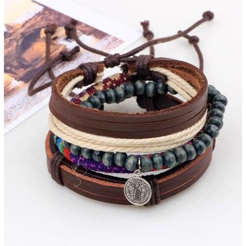 4PCS Bracelet Leather Wooden Bead Accessories Fashion Trend Retro Simple Ethnic Style Bohemian Round Party Birthday Gift Travel