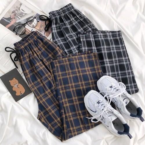 Vintage Plaid Pants Women High Waist Wide Leg Trousers Female All-match Harajuku Drawstring Casual Pants Streetwear Loose Jogger