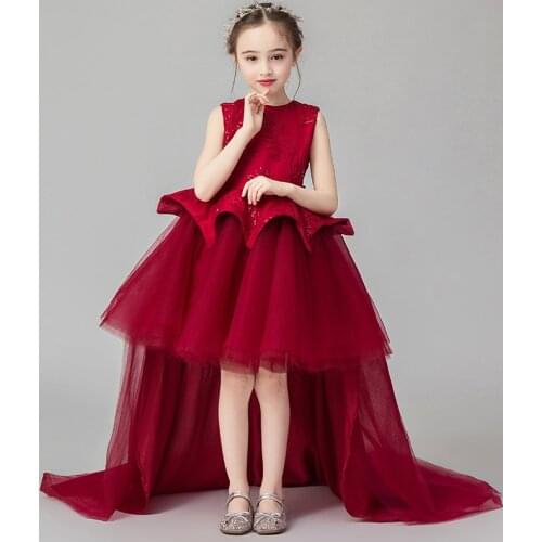 Long Trailing Christmas Dress Girl Wedding Banquet Dress Princess Children Sequin Lace Long Gown Girl Birthday Party Clothing